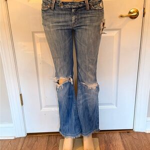7 For All Mankind Miller Light Blue Distressed Low Rise Flare Jeans